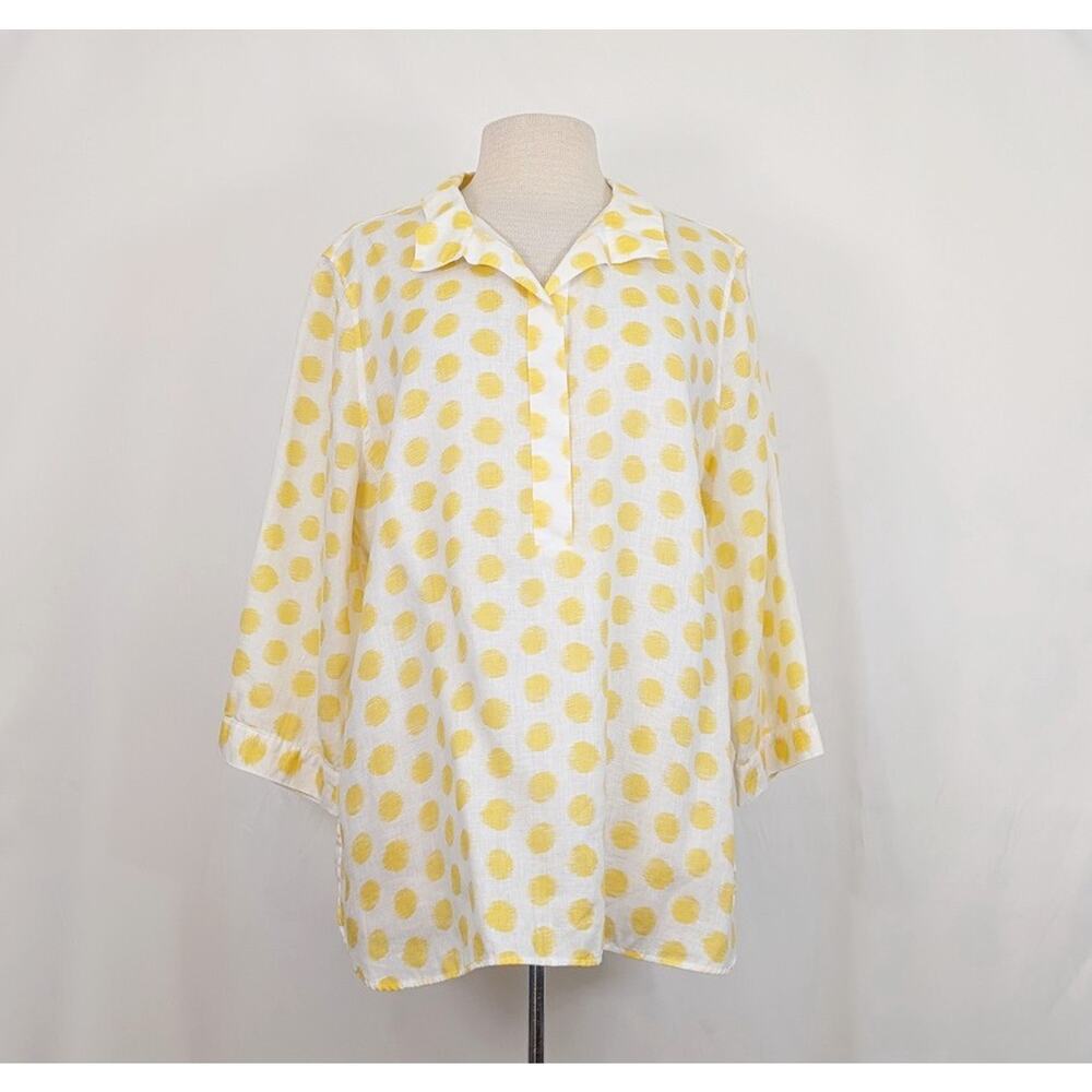 Chico's Tunic Top Yellow White Polka Dot Print Pullover Linen Women's Size 3 XL